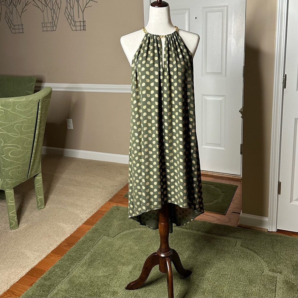 MICHAEL KORS Hi-Low Sundress Green with Metallic Gold Detailing Size M NWT